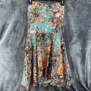 Sharon Couture Sweetheart Strapless Teal Coral Floral Fit & Flare Dress Small